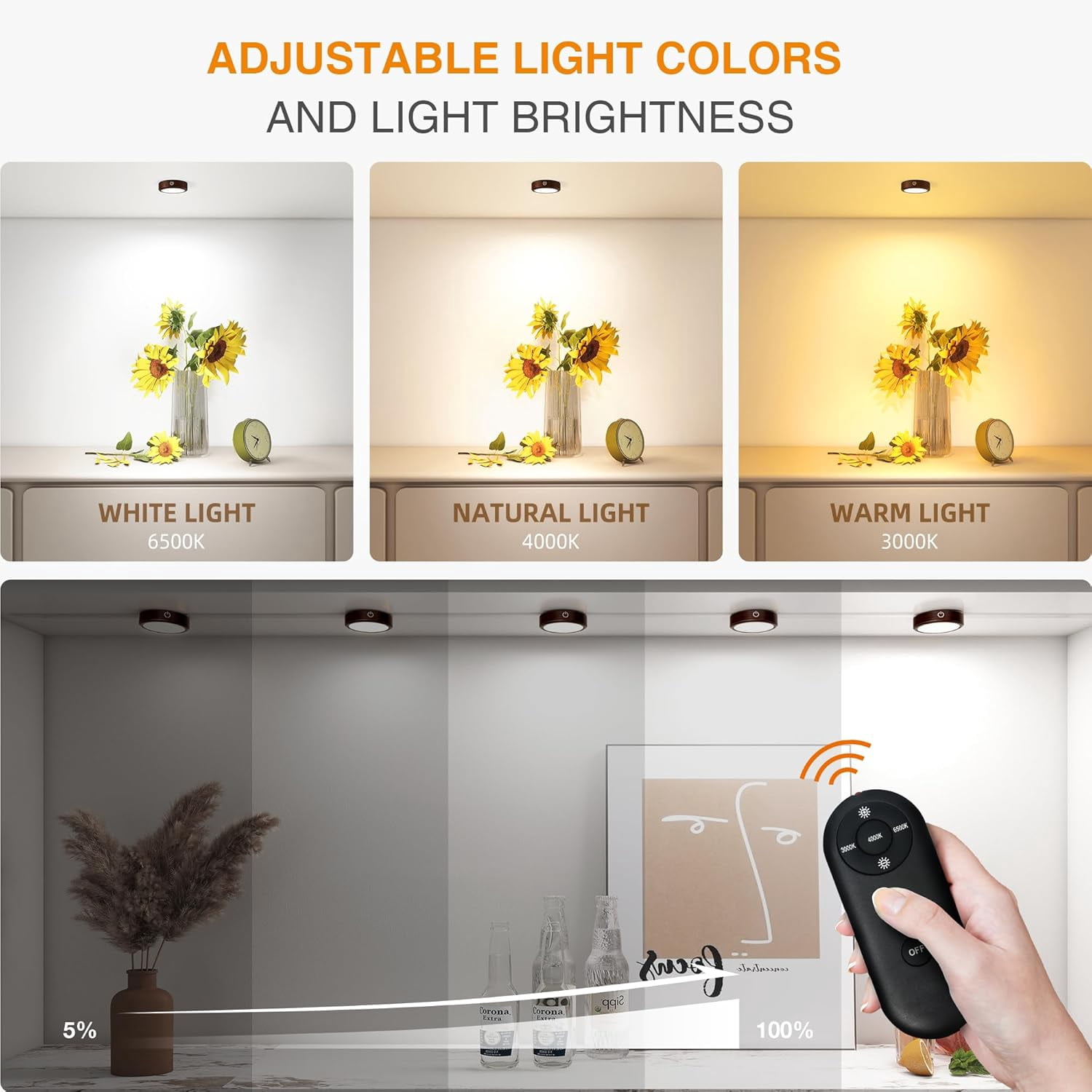 Puck Lights with Remote Control Rechargeable, Full-Screen Wireless LED ...