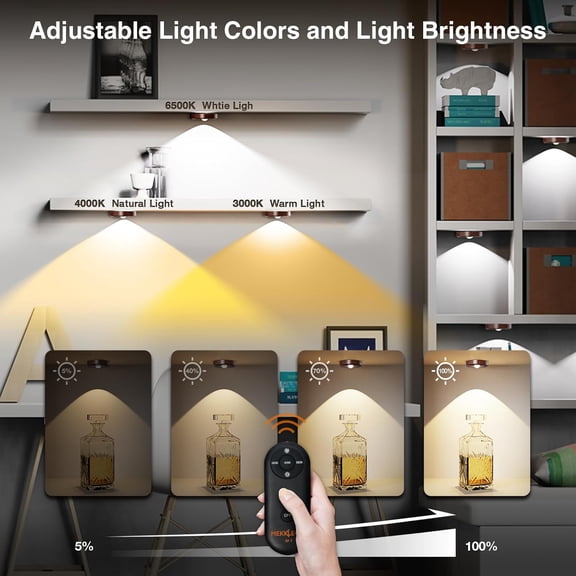 Puck Lights with Remote Control Rechargeable,Wireless Under Cabinet Lighting,2000mAh Battery Operated Tap Push Touch Lights,Stick On Lights for Counter,Shelf,Bookcase (Wood Color, 5 Pcs)