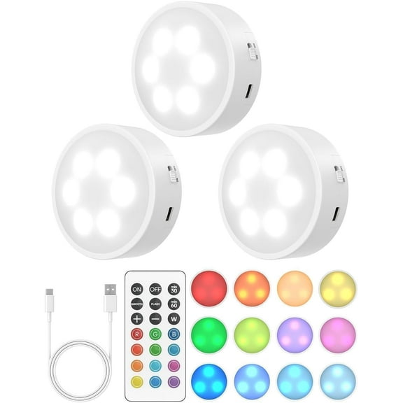 Puck Lights with Remote, 13 Colors Under Cabinet Lights, Baterry Operated Under Cabinet Lighting Tap Lights, Lights with Dimmer and Timer(3 )