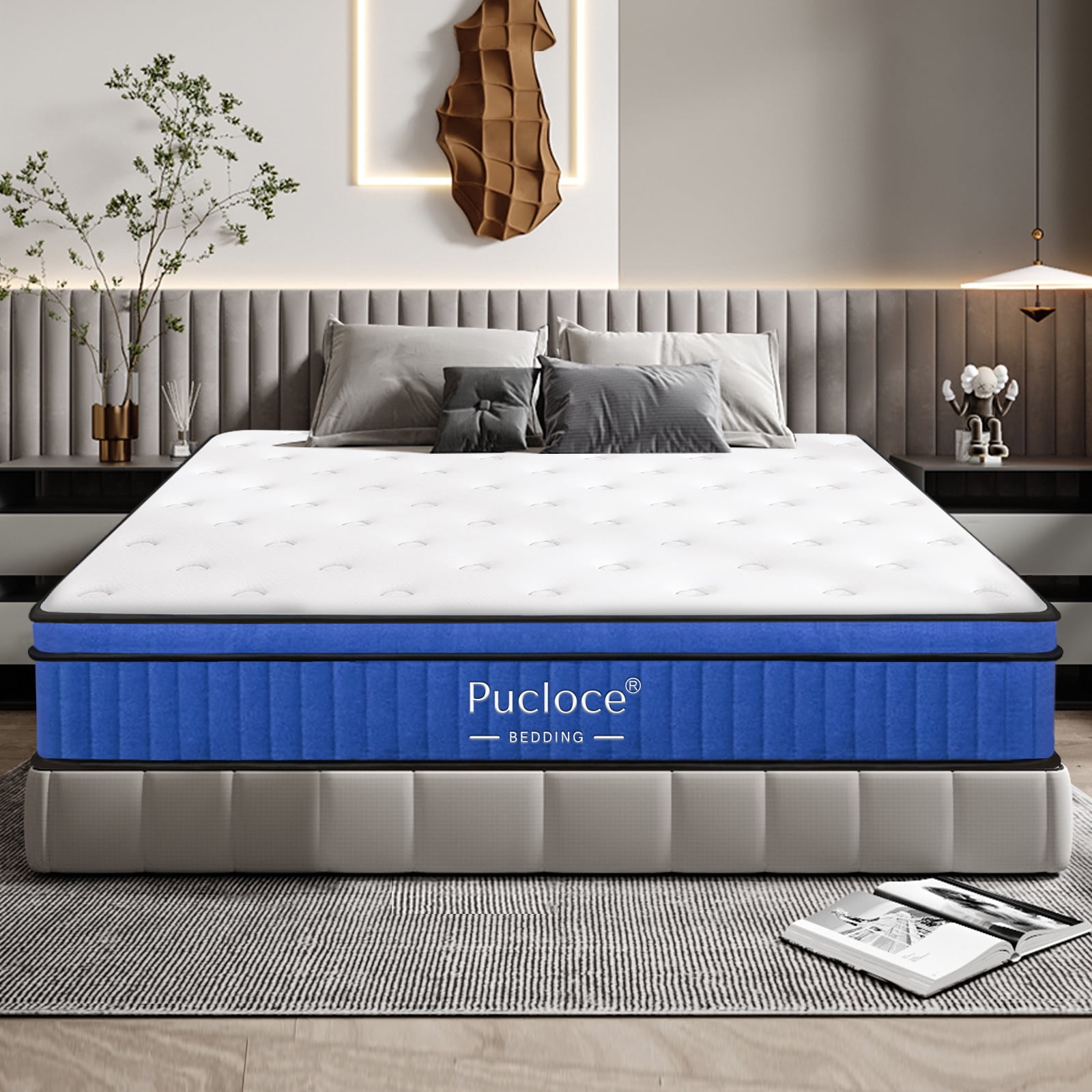 Pucloce 12" Hybrid Queen Mattress, Comfort Gel Memory Foam Innerspring Queen Size Mattress 12 inch, Mattress in a Box, White and Blue