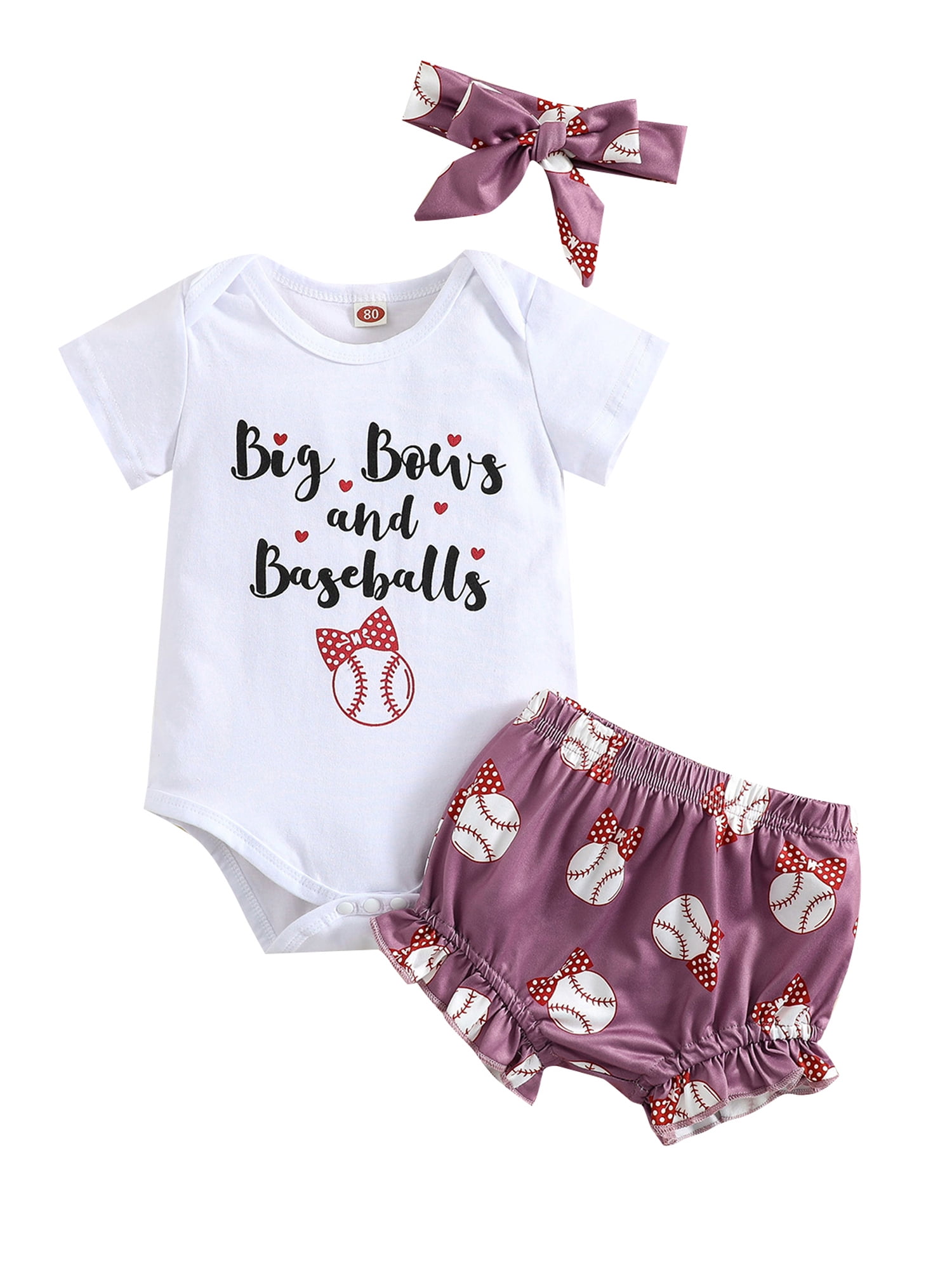 Pudcoco Infant Baby Girl Baseball Summer Outfits Letter Print Bodysuit Baseball Print Shorts Bow Headband Walmart