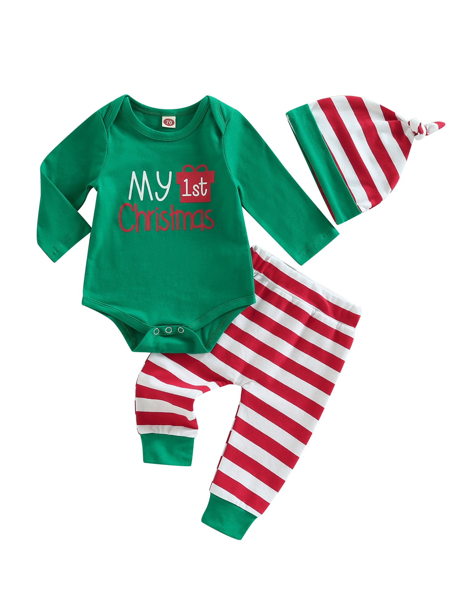 Pudcoco My First Christmas Baby Boy Girl Outfit Newborn Long Sleeve Romper Striped Pants Hat 1St