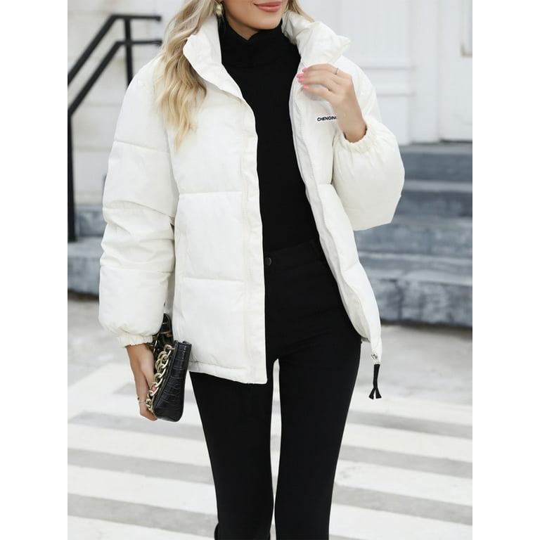 Pudcoco Puffer Jackets for Women Baggy Warm Stand Collar Long Sleeve Full Zip Short Puffy Down Jacket Coat S M L XL Walmart