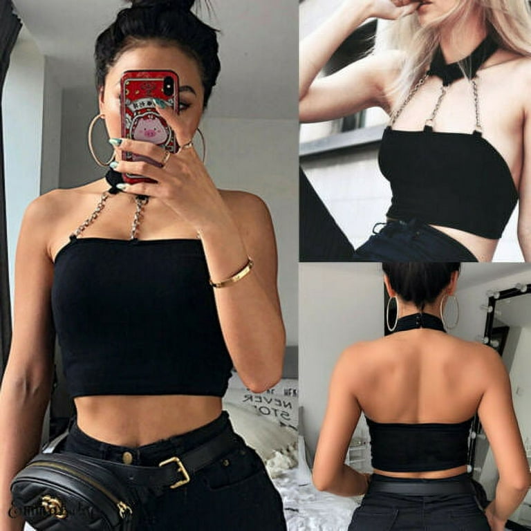 Pudcoco Punk Style Choker Halter Top Women Cami Backless Buckle