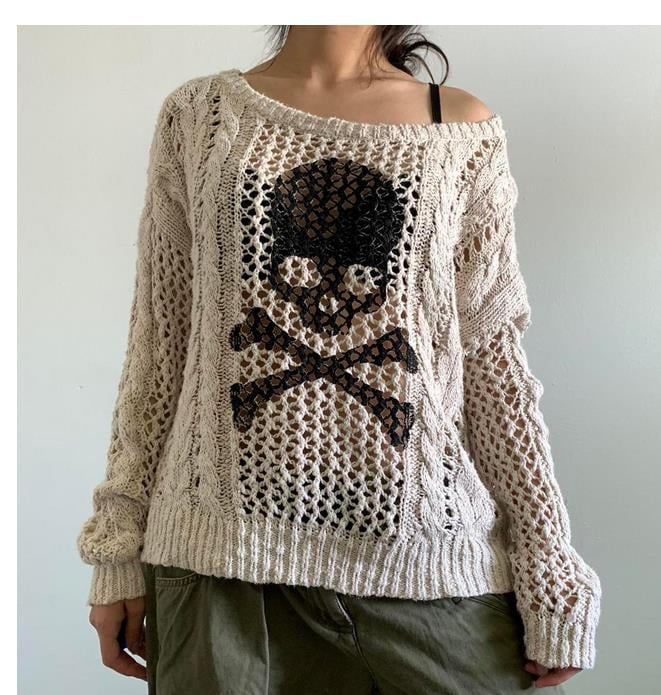Pudcoco Skull Sweater y2k Aesthetic Gothic Hollow Out Long Sleeve Tops Punk  Style Crochet Pullover Knitwear Women Streetwear