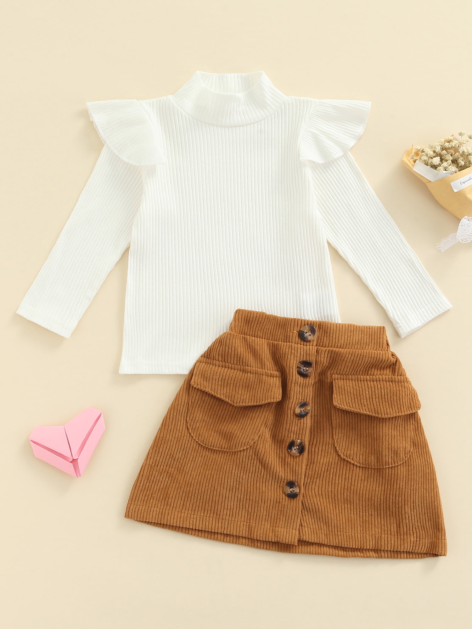 Pudcoco Toddler Baby Girl Skirt Outfit Solid Color Long Sleeve Turtleneck Knit Sweater