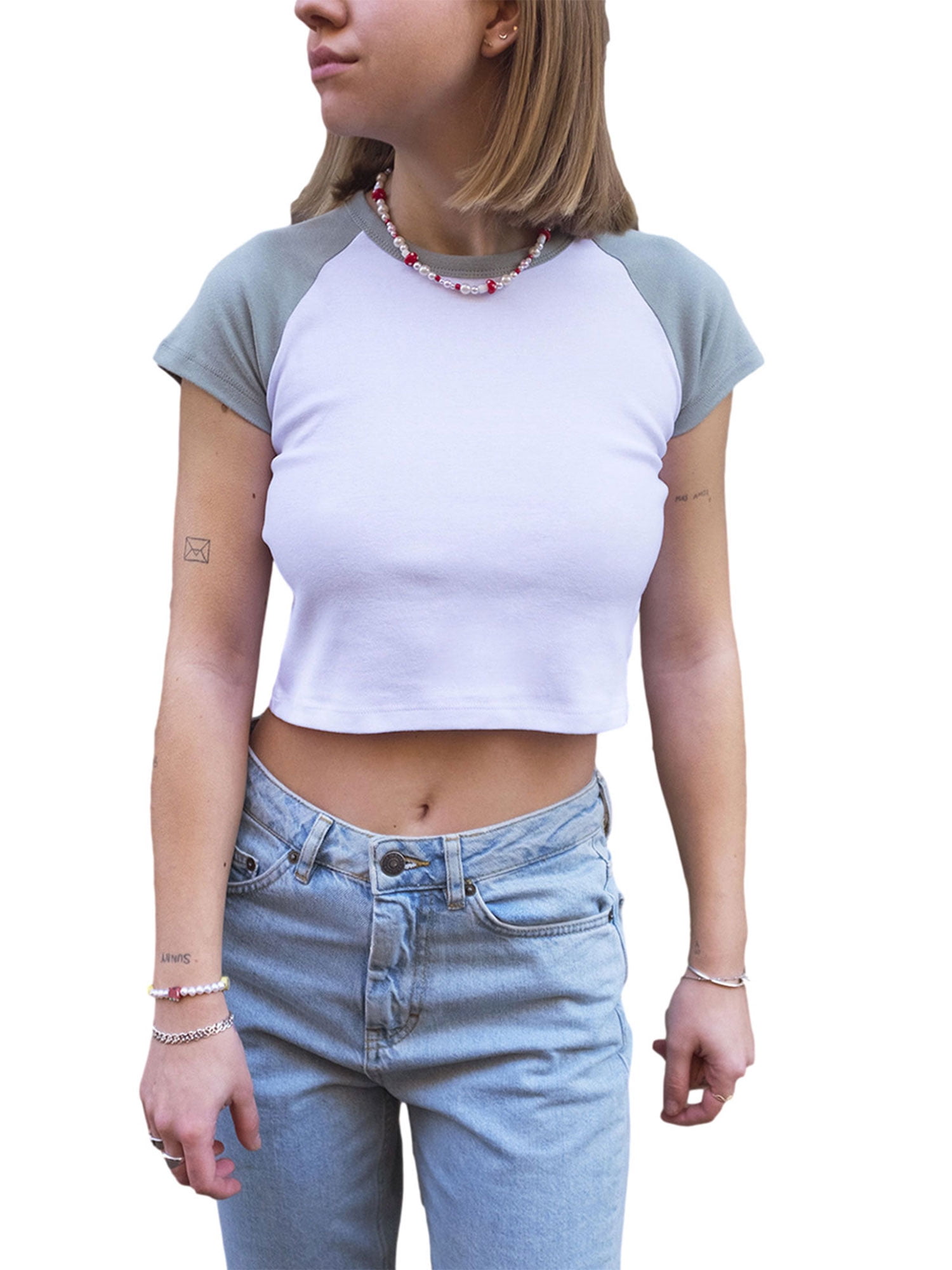 Pudcoco Women Crop Top Color Block Short Sleeve Round Neck T-shirt