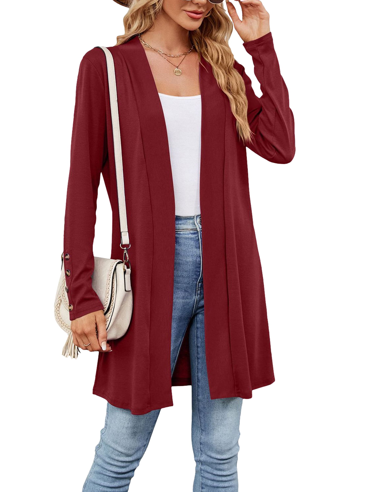 Pudcoco Women Long Cardigan Solid Color Long Sleeve Open Front Cardigan ...