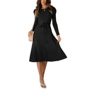 Pudcoco Women Long Sleeve Knit Midi Dress Solid Color Tie Belted Knitted Sweater Dress A-Line Midi Dresses