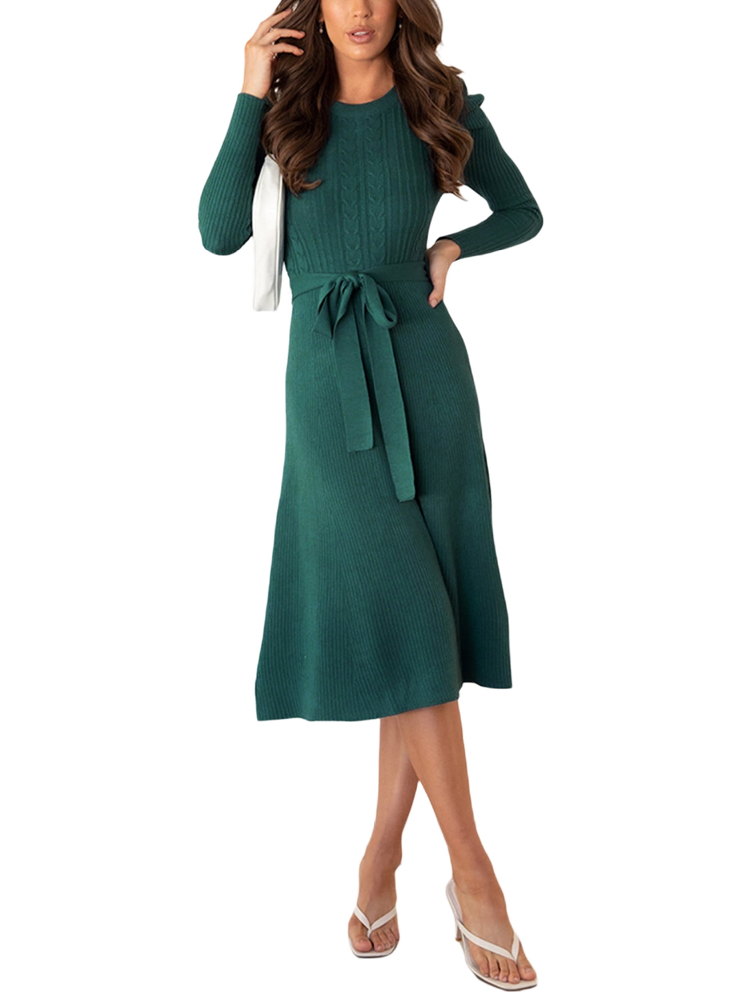 Pudcoco Women's Long Puff Sleeve Knit Midi Dress with Tie Waist, Solid — free download