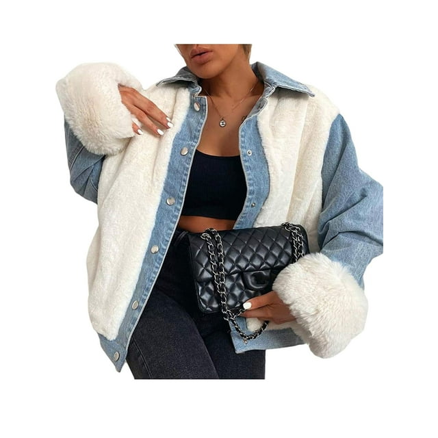 Pudcoco Women Plush Denim Jacket Winter Long Sleeve Patchwork Outerwear