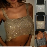 RYRJJ Womens Sparkly Rhinestone Fringe Sleeveless Sexy Crop Tops