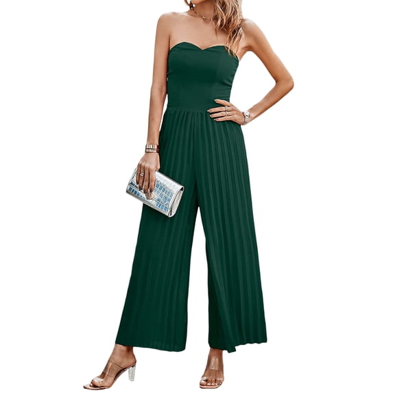 Pudcoco Women Summer Jumpsuits Strapless Backless Wide-Leg Pants Long Rompers Ruched Playsuits