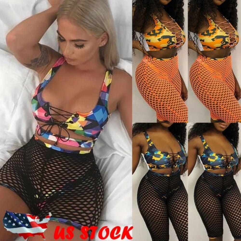 Pudcoco Fashion Women Sexy Bikinis Bathing Suit Mesh Fish Net