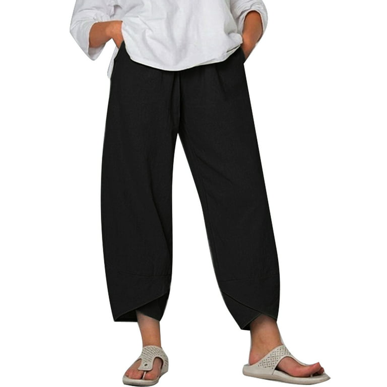 Buy LNX Women's Linen Crop Pants Elastic Waist Drawstring Loose Wide Leg  High Waist Trouser (Beige, Small) at