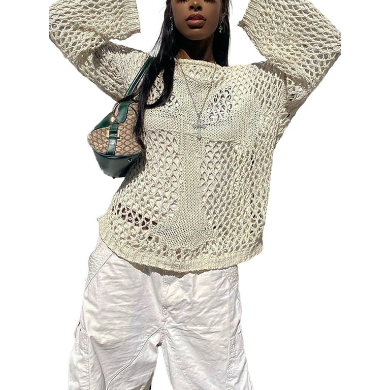 Pudcoco Women s Crochet Cutout Knit Pullover Solid Color Long