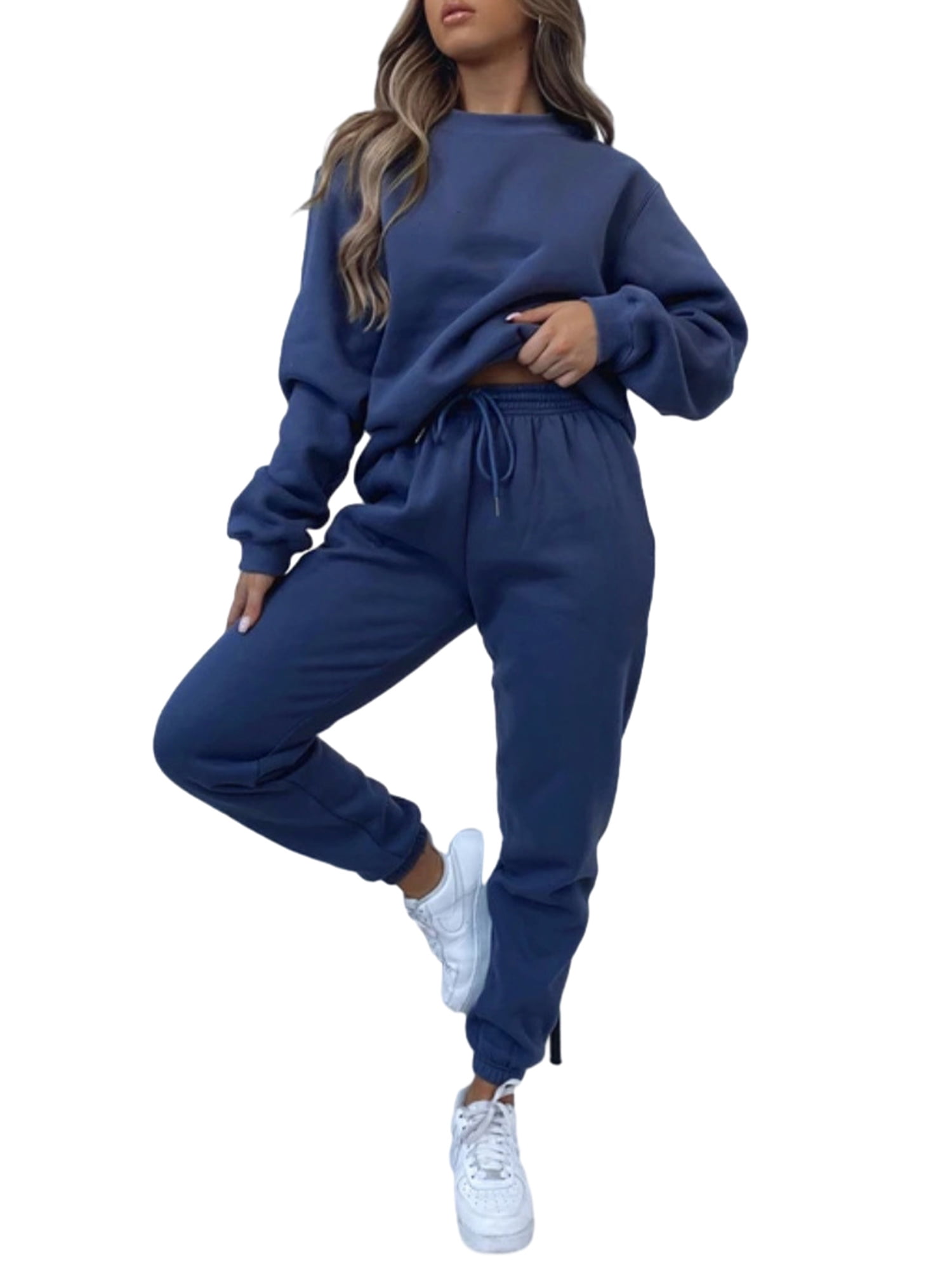 Pudcoco Women's Fleece Jogger Sets 2 Pieces Sweatsuits Outfits Crop Top Pullover Hoodies Jogger
