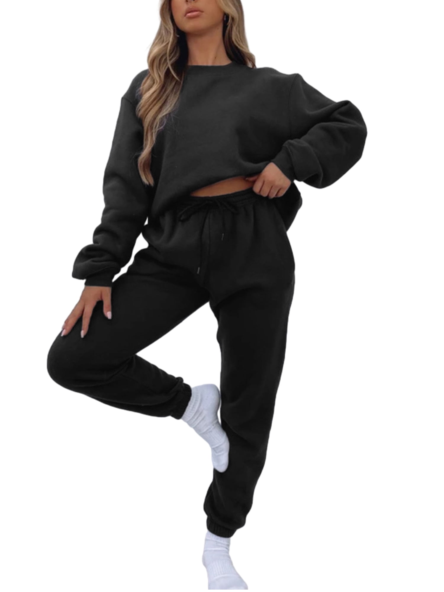 Pudcoco Women's Fleece Jogger Sets 2 Pieces Sweatsuits Outfits Crop Top Pullover Hoodies Jogger