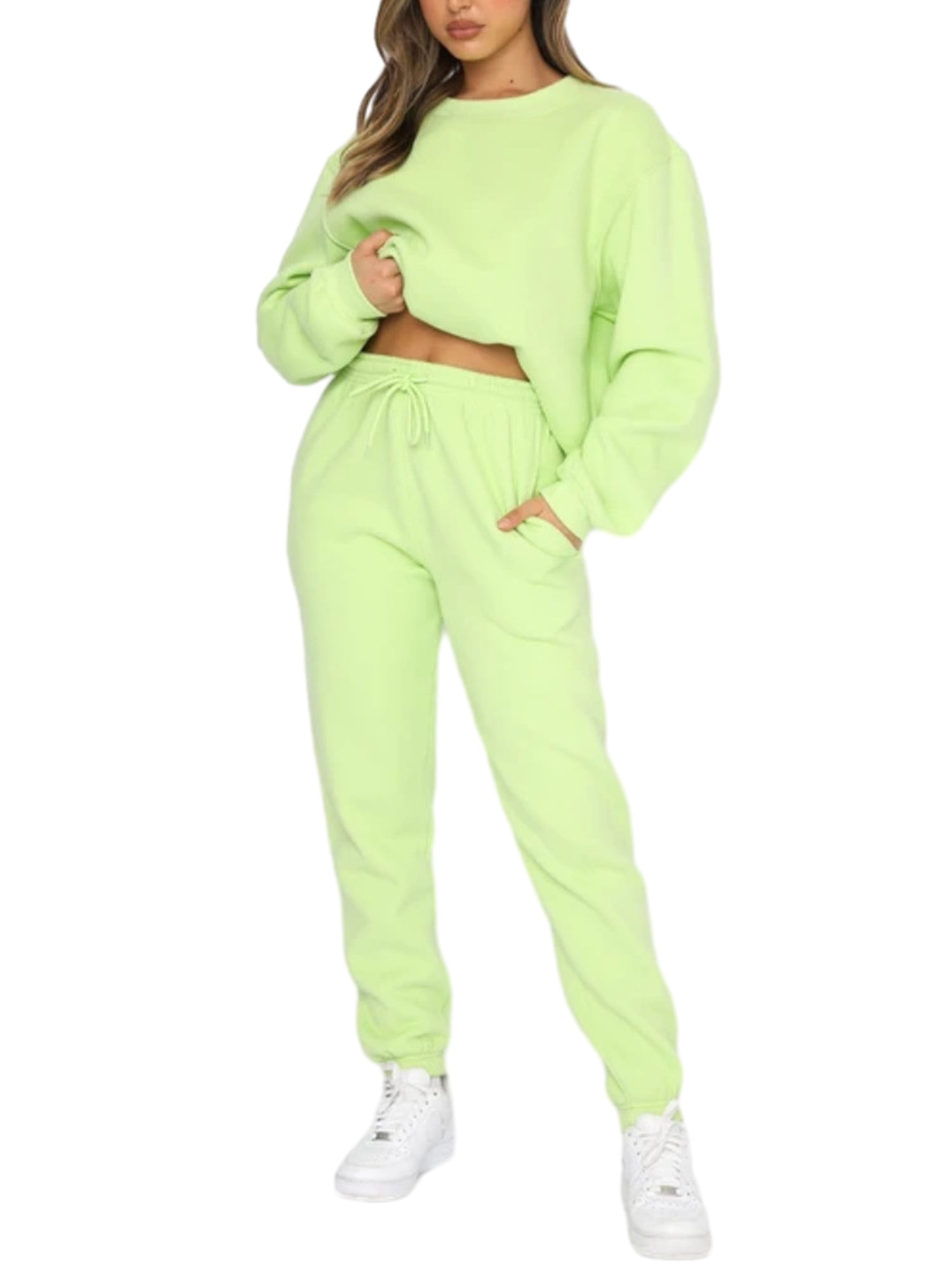 Pudcoco Women's Fleece Jogger Sets 2 Pieces Sweatsuits Outfits Crop Top Pullover Hoodies Jogger