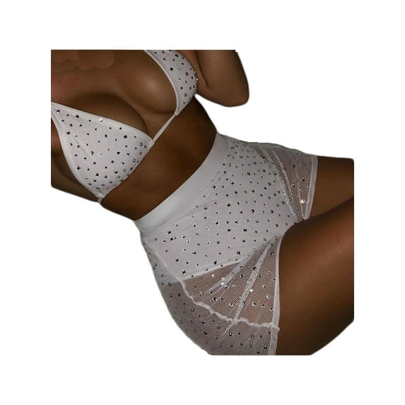 Pudcoco Women's Sequins Rhinestone Bra Fishnet Short Pants Swimsuit Sets