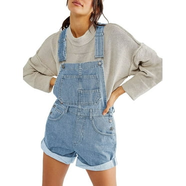 Pudcoco Women's Shortalls Classic Adjustable Straps Cuffed Hem Denim Bib Overalls Shorts Romper Jumpsuits With Pockets