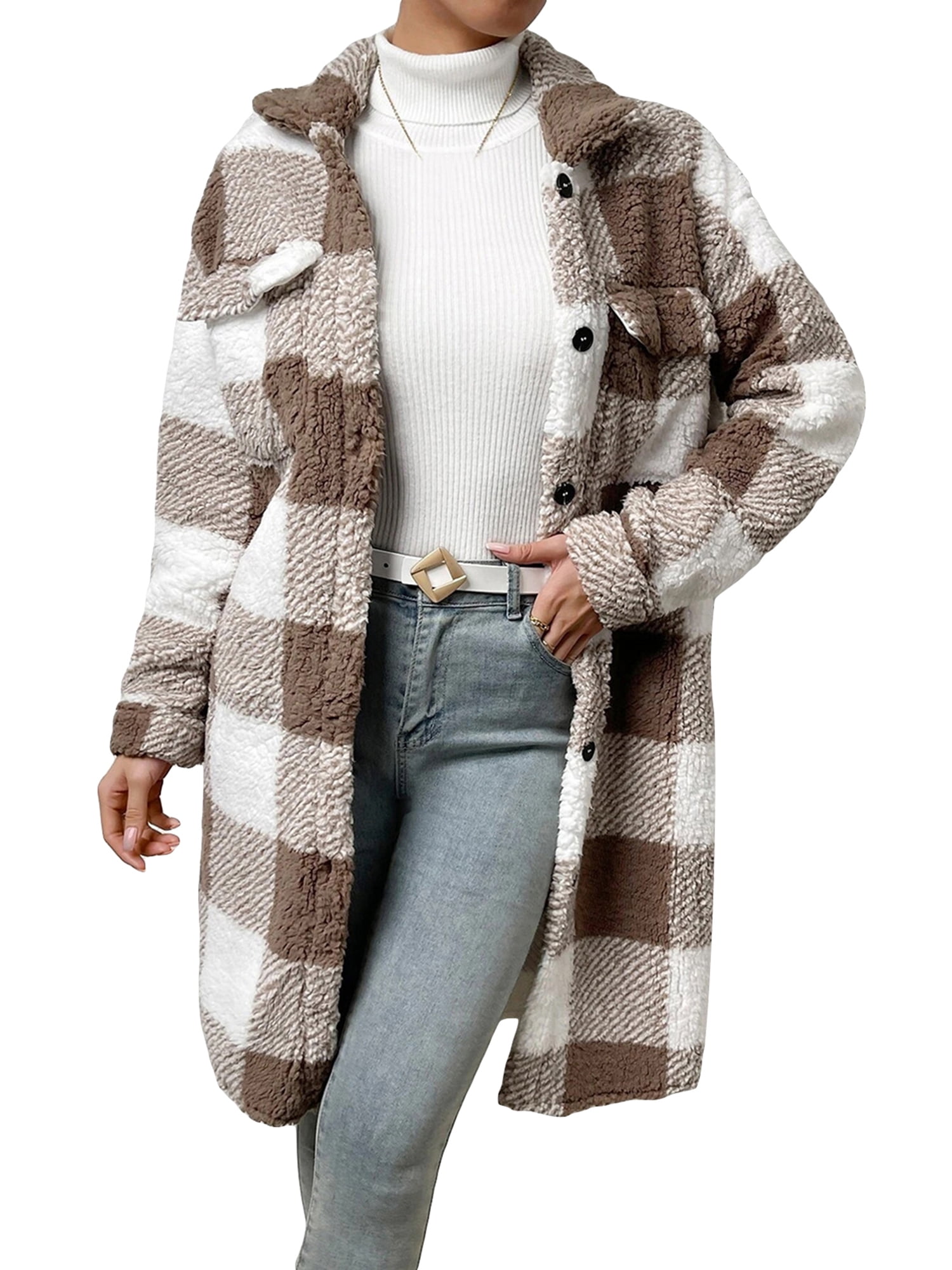 Pudcoco Women's Winter Coats Fuzzy Fleece Sherpa Jacket Plaid Outerwear ...
