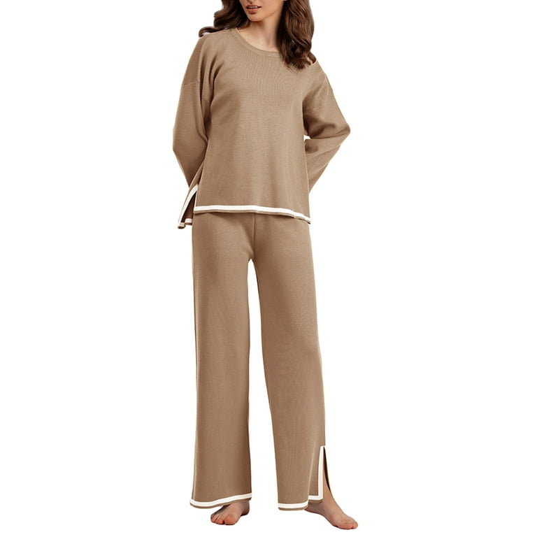 Pudcoco Womens Knit 2 Piece Sweater Sets Long Sleeve Pullover Tops Elastic  Waist Wide Leg Pants Lounge Set Fall Winter Streetwear