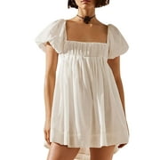 Pudcoco Womens Square Neck Dresses Half Puff Sleeve High Waist A-Line Casual Backless Smocked Short Babydoll Mini Dress