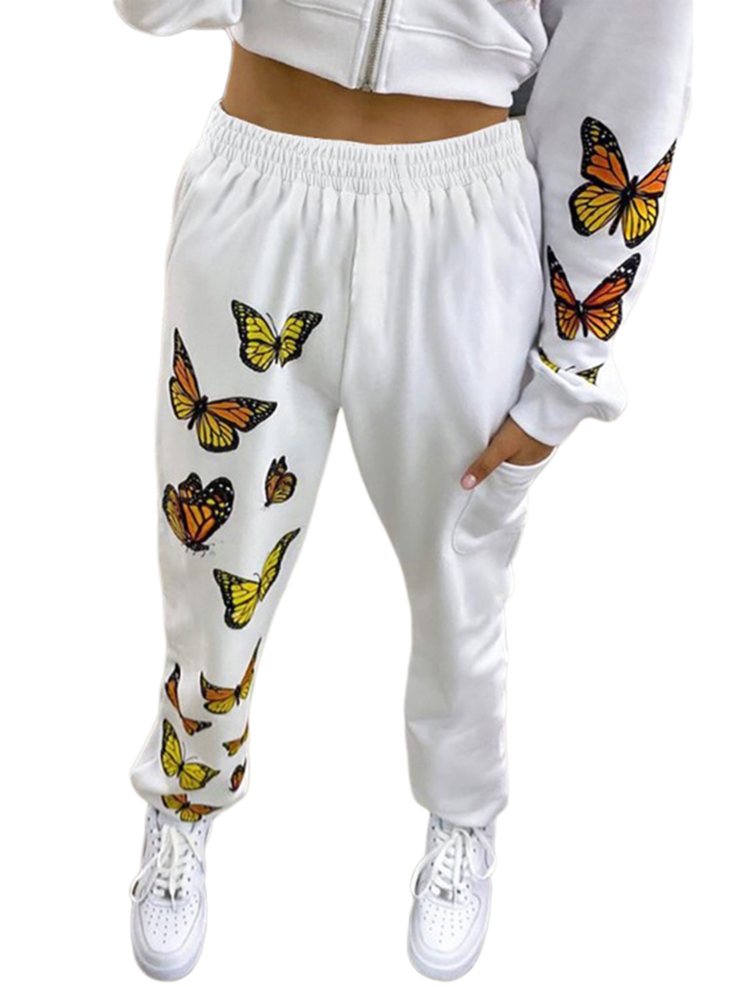 Pudcoco Womens Yoga Pants Butterfly Print Sweatpants Elastic Waist