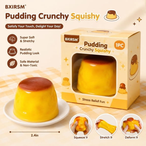 Pudding Crunchy Squishy, Caramel Butter Stress Ball, Bead Filled Slow Rebound Squeeze Toys with Crackling ASMR Sound, Non-Rebound Fidget for Anxiety Relief, 2.36" Desk Decor
