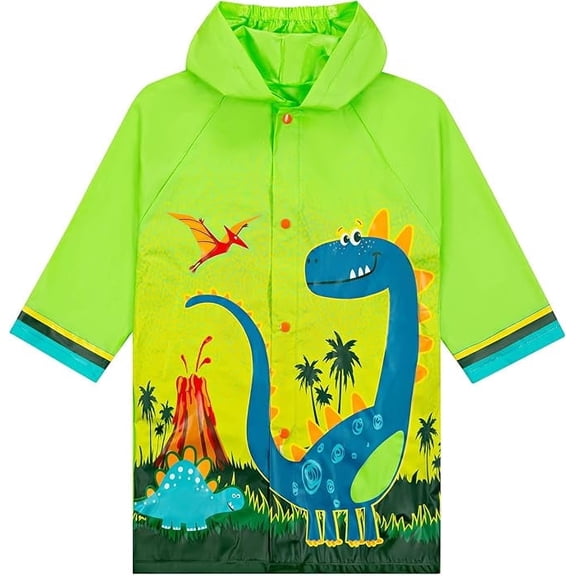 Puddle Play Kids Lightweight Rain Outwear Slicker, Hooded and Waterproof - Green Dinosaurs Design Jacket - Size 2-3 Years