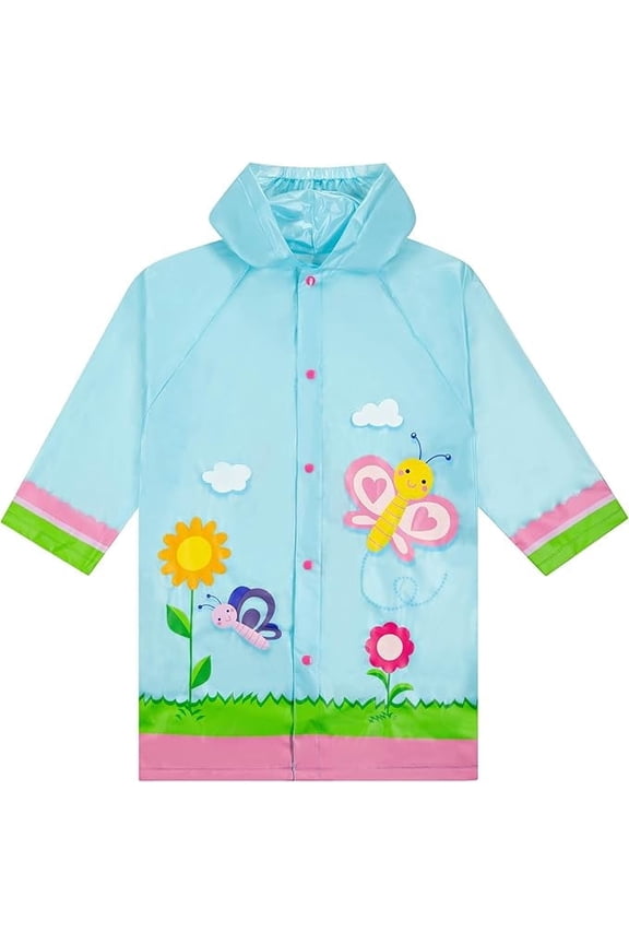 Kids Lightweight Rain Outwear Slicker, Hooded and Waterproof - Light Blue Garden and Butterfly Design Jacket - Size 2-3 Years