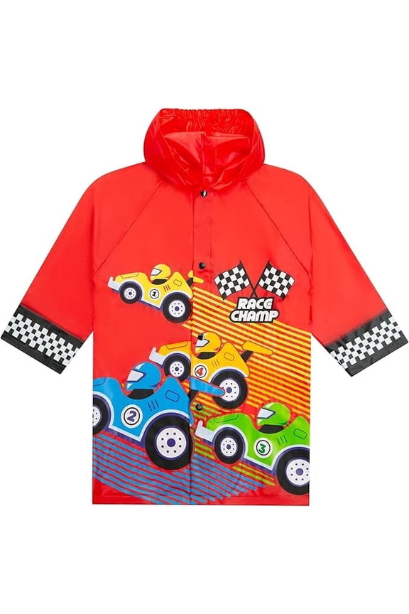 Kids Lightweight Rain Outwear Slicker, Hooded and Waterproof - Red and Colorful Cars Design Jacket - Size 2-3 Years