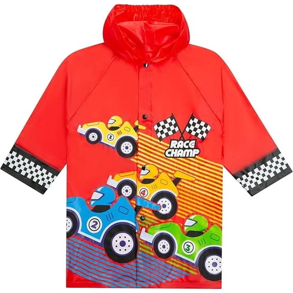 Puddle Play Kids Lightweight Rain Outwear Slicker, Hooded and Waterproof - Red and Colorful Cars Design Jacket - Size 6-7 Years