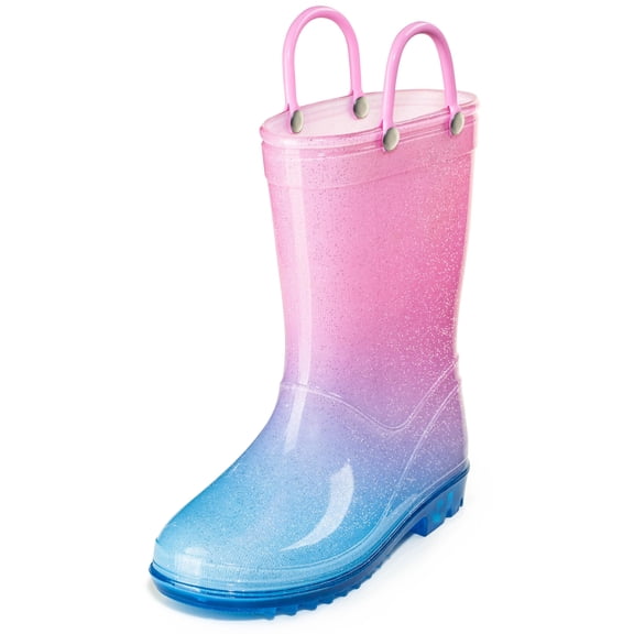 Puddle Play Kids PVC Glitter Rain Boots - Easy On Handles - For Girls and Boys, Lightweight, Sparkly, Big Kid 2 (Light Pink/Light Blue)