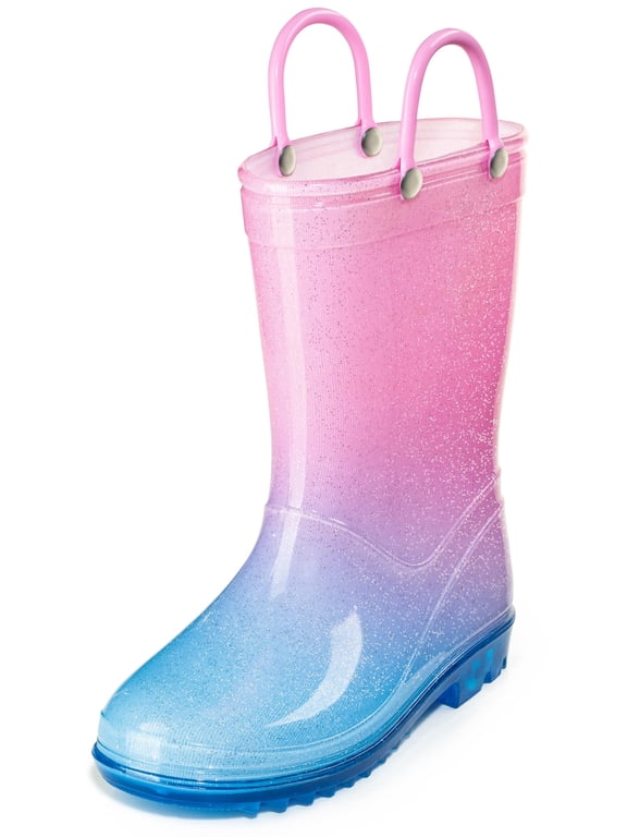 Kids PVC Glitter Rain Boots - Easy On Handles - For Girls and Boys, Lightweight, Sparkly, Big Kid 2 (Light Pink/Light Blue)
