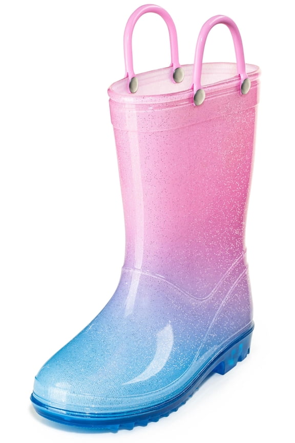Kids PVC Glitter Rain Boots - Easy On Handles - For Girls and Boys, Lightweight, Sparkly, Big Kid 2 (Light Pink/Light Blue)