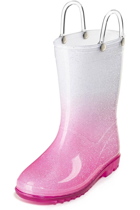 Kids PVC Glitter Rain Boots - Easy On Handles - For Girls and Boys, Lightweight, Sparkly, Toddler 4 (White/Pink)