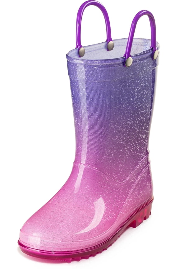 Kids PVC Glitter Rain Boots - Easy On Handles - For Girls and Boys, Lightweight, Sparkly, Toddler 5 (Purple)