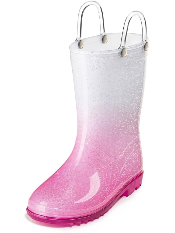 Kids PVC Glitter Rain Boots - Easy On Handles - For Girls and Boys, Lightweight, Sparkly, Toddler 7 (White/Pink)