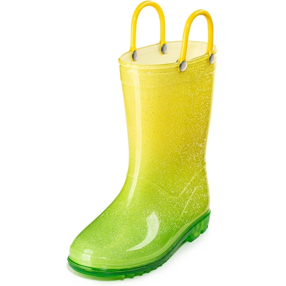 Puddle Play Kids PVC Glitter Rain Boots - Easy On Handles - For Girls and Boys, Lightweight, Sparkly, Toddler 7 (Yellow/Green)