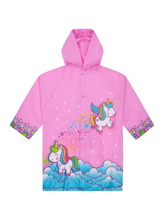 Kids Waterproof Rain Slicker Jacket, Pink Unicorn & Stars Design, Hooded with Snap Closure – Lightweight Girls Raincoat, Size 6-7 Years