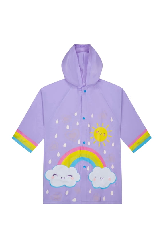 Kids Waterproof Rain Slicker Jacket, Purple Rainbow & Sunshine Design, Hooded with Snap Closure – Lightweight Raincoat for Girls, Size 2-3 Years