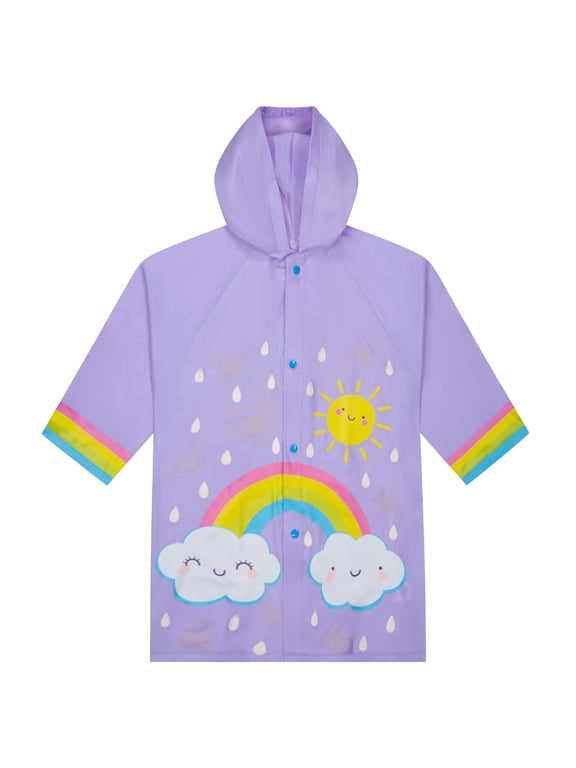 Kids Waterproof Rain Slicker Jacket, Purple Rainbow & Sunshine Design, Hooded with Snap Closure – Lightweight Raincoat for Girls, Size 6-7 Years