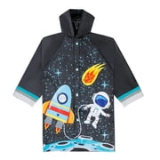 Kids Waterproof Rain Slicker Jacket, Space Rocket & Astronaut Design, Hooded with Snap Closure, Size 6-7 Years
