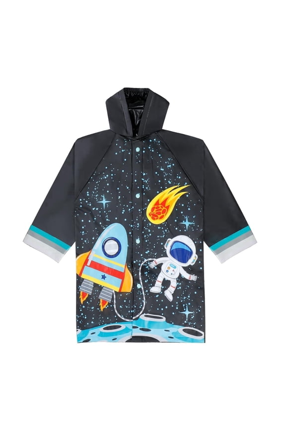 Kids Waterproof Rain Slicker Jacket, Space Rocket & Astronaut Design, Hooded with Snap Closure, Size 8-9 Years