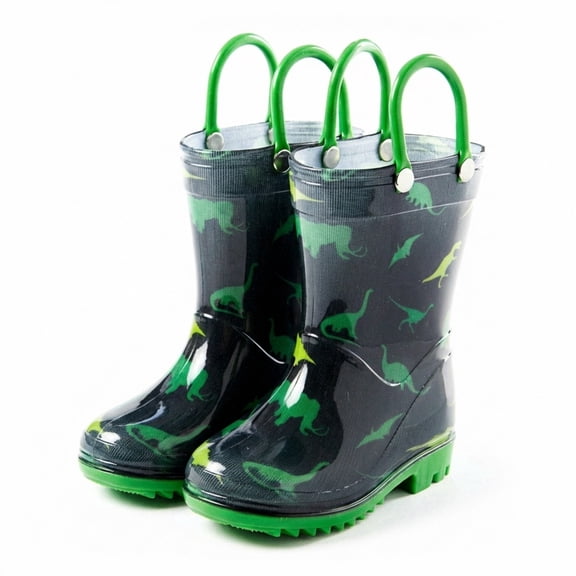 Puddle Play PVC Rain Boots with Easy-On Handles, Waterproof, Black with Green Dinosaur Print, Size 10 Toddler