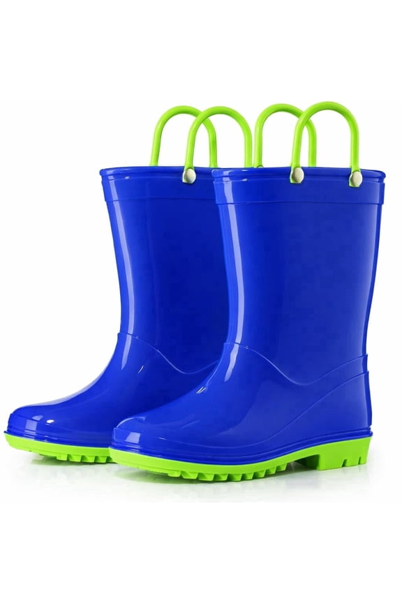 PVC Rain Boots with Easy-On Handles, Waterproof, Blue with Green Trim, Size 8 Toddler