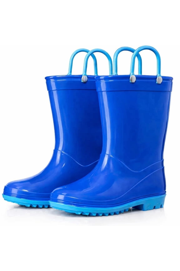 PVC Rain Boots with Easy-On Handles, Waterproof, Blue with Light Blue Trim, Size 11 Little Kid