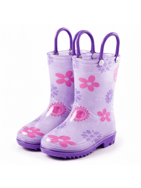 PVC Rain Boots with Easy-On Handles, Waterproof, Lavender with Pink Flower Print, Size 11 Little Kid